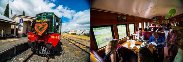 Three carriages on the Southern Downs Steam Railway decorated with flowers for a wedding day