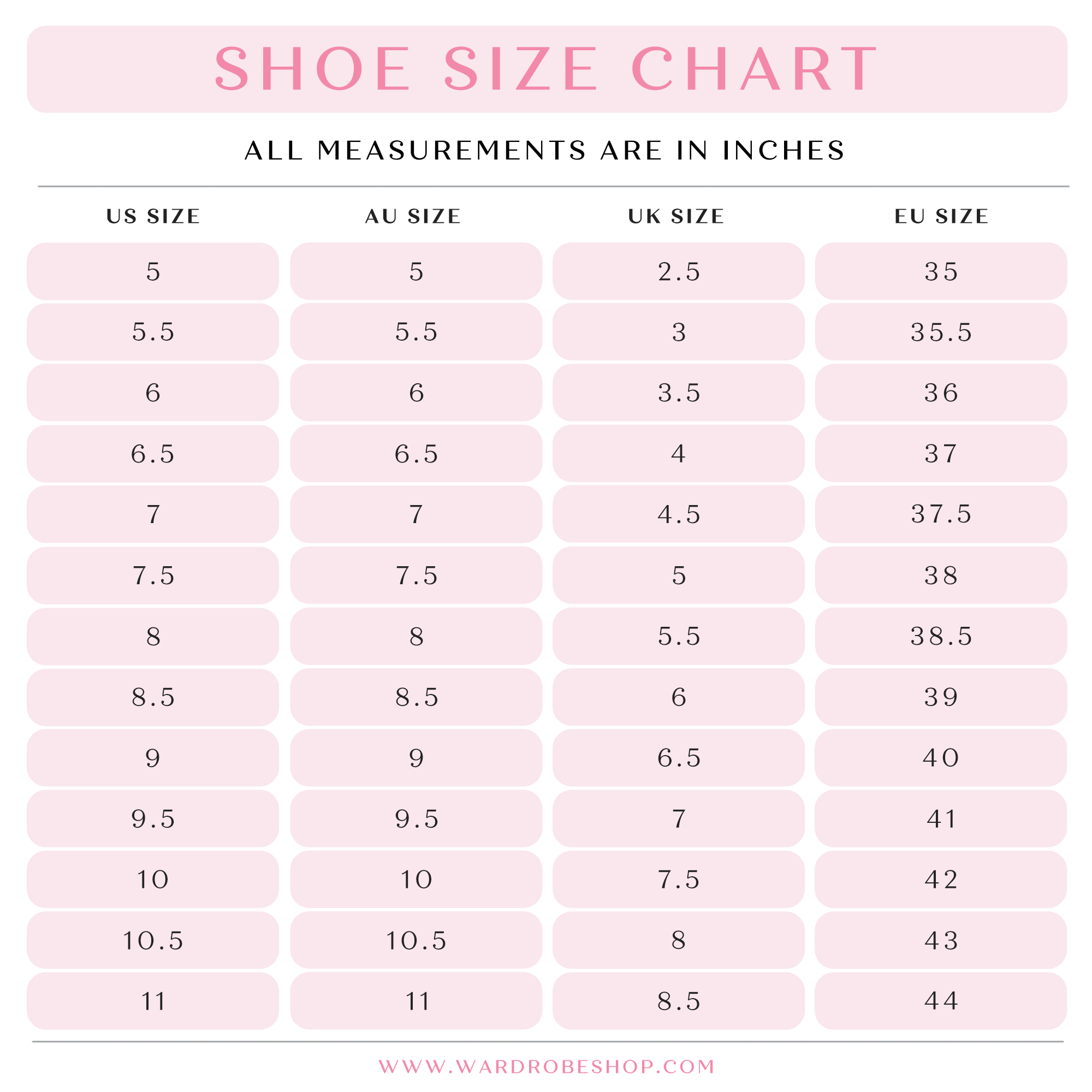Bella Belle Shoes Size Chart