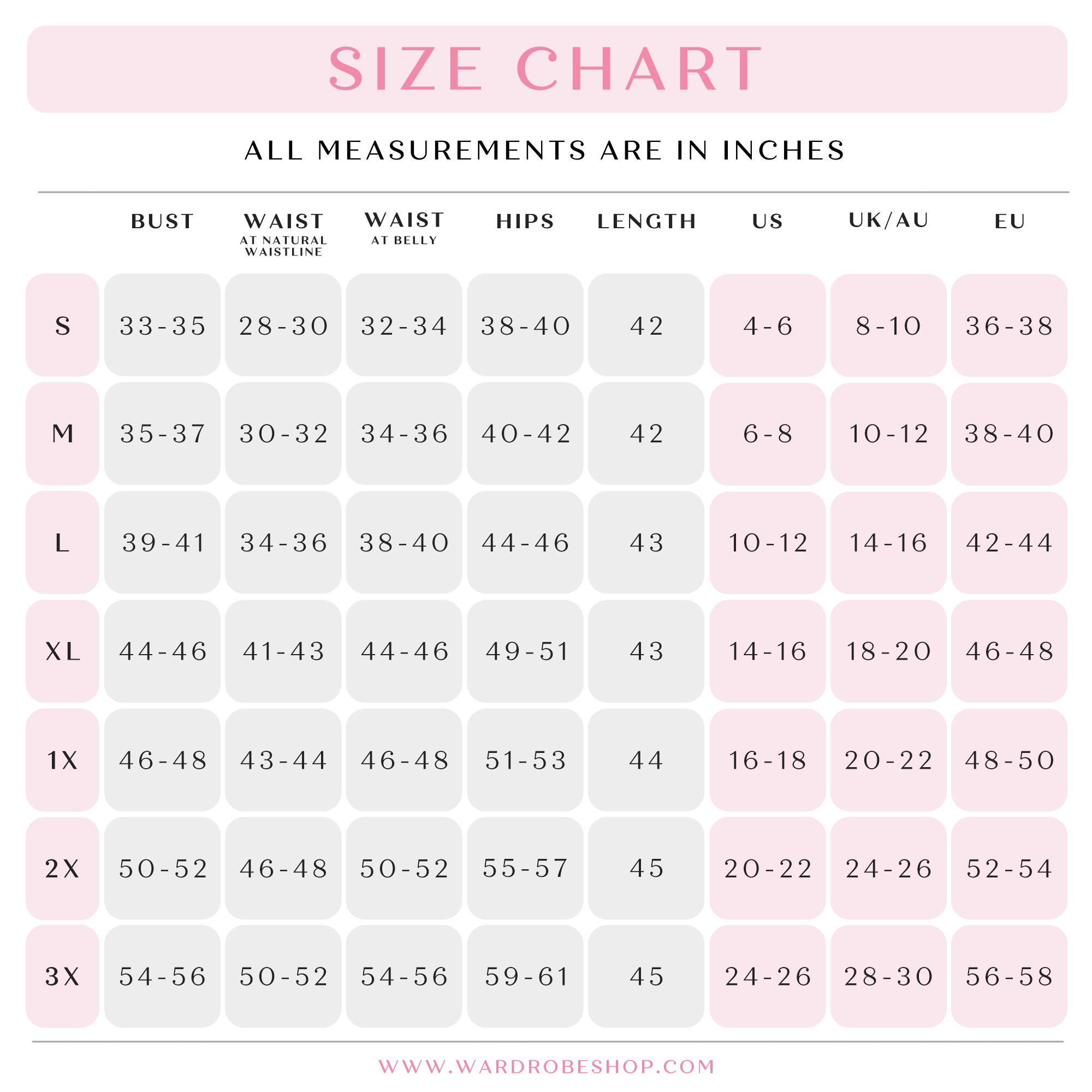 EDITH Gatsby Lady Size Chart