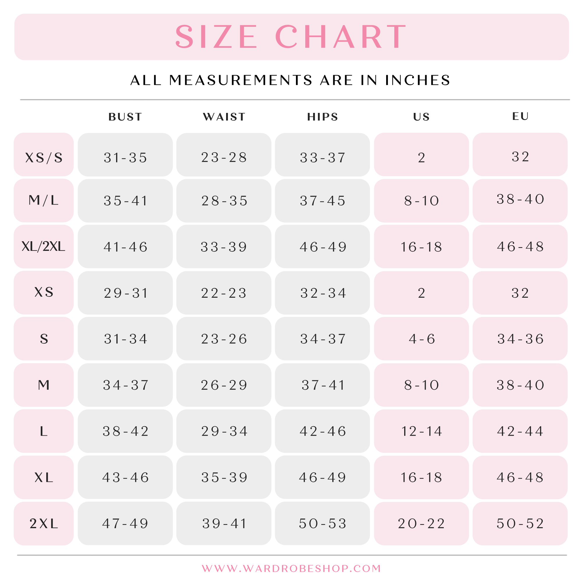 Kafemme Size Chart – WardrobeShop