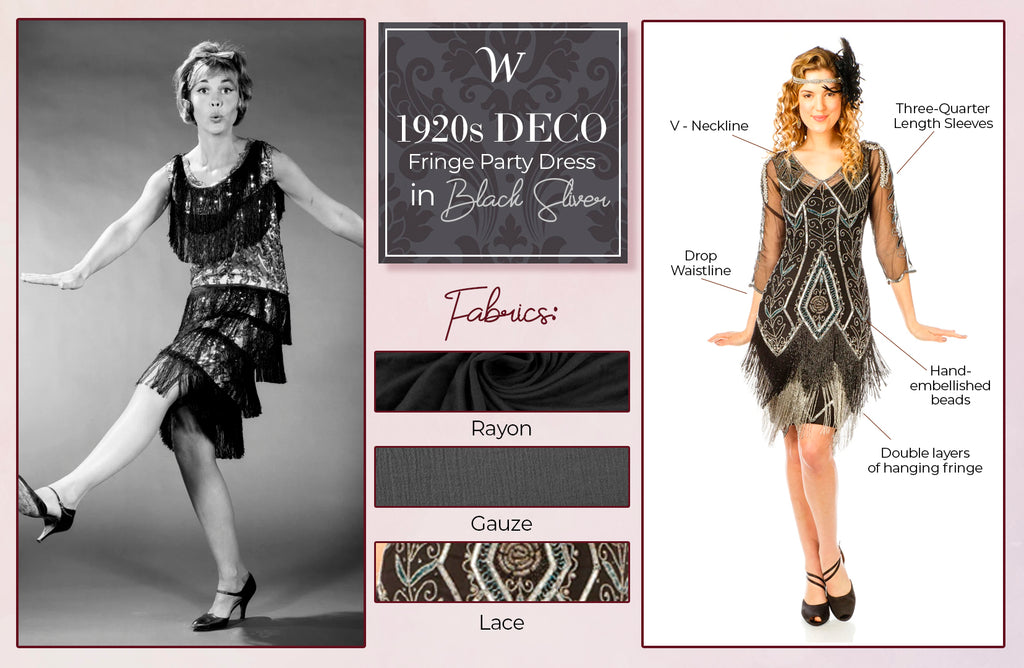 1920s Deco Fringe Party Dress in Black Silver