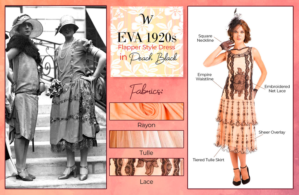 Eva 1920s Flapper Style Dress in Peach Black