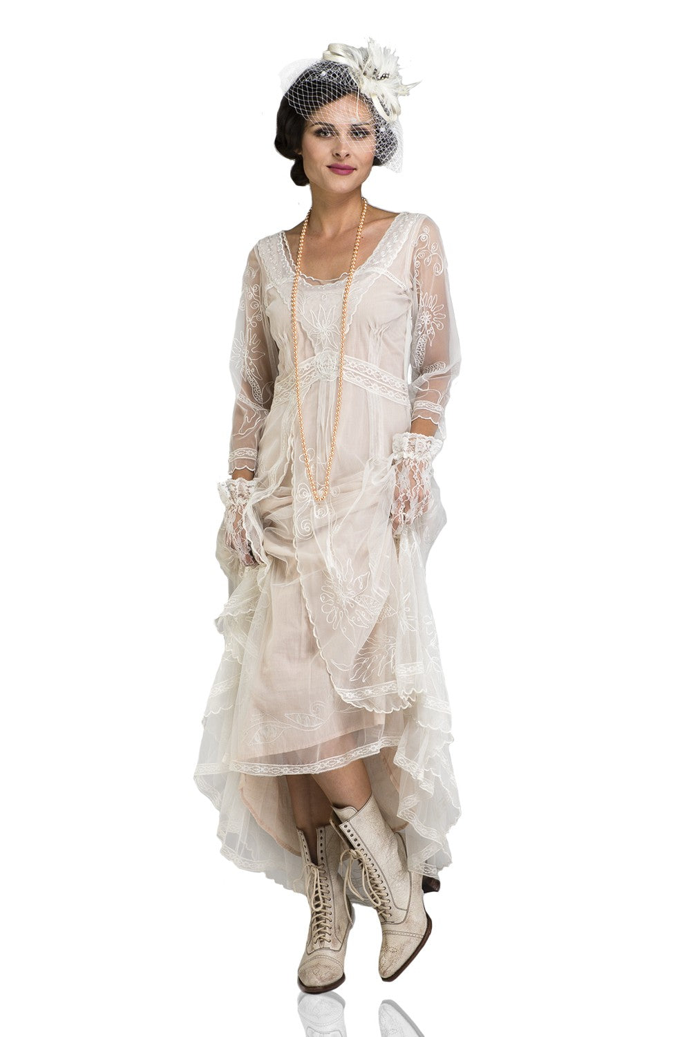 vintage style antique ivory embroidered lace modest midi dress