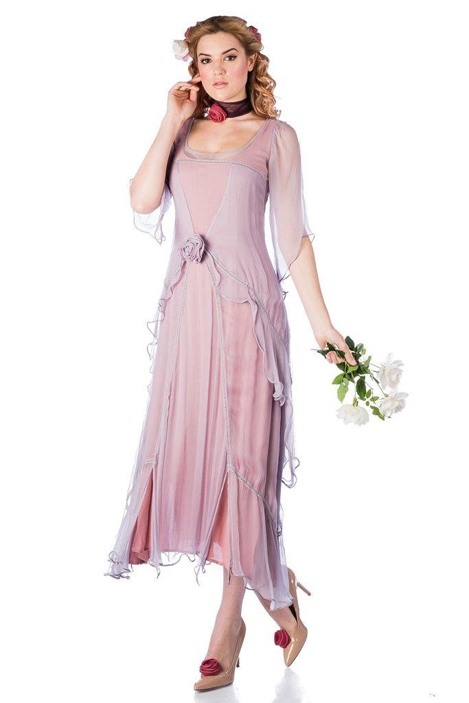 lady wearing a Great Gatsby Party Dress in Mauve by Nataya