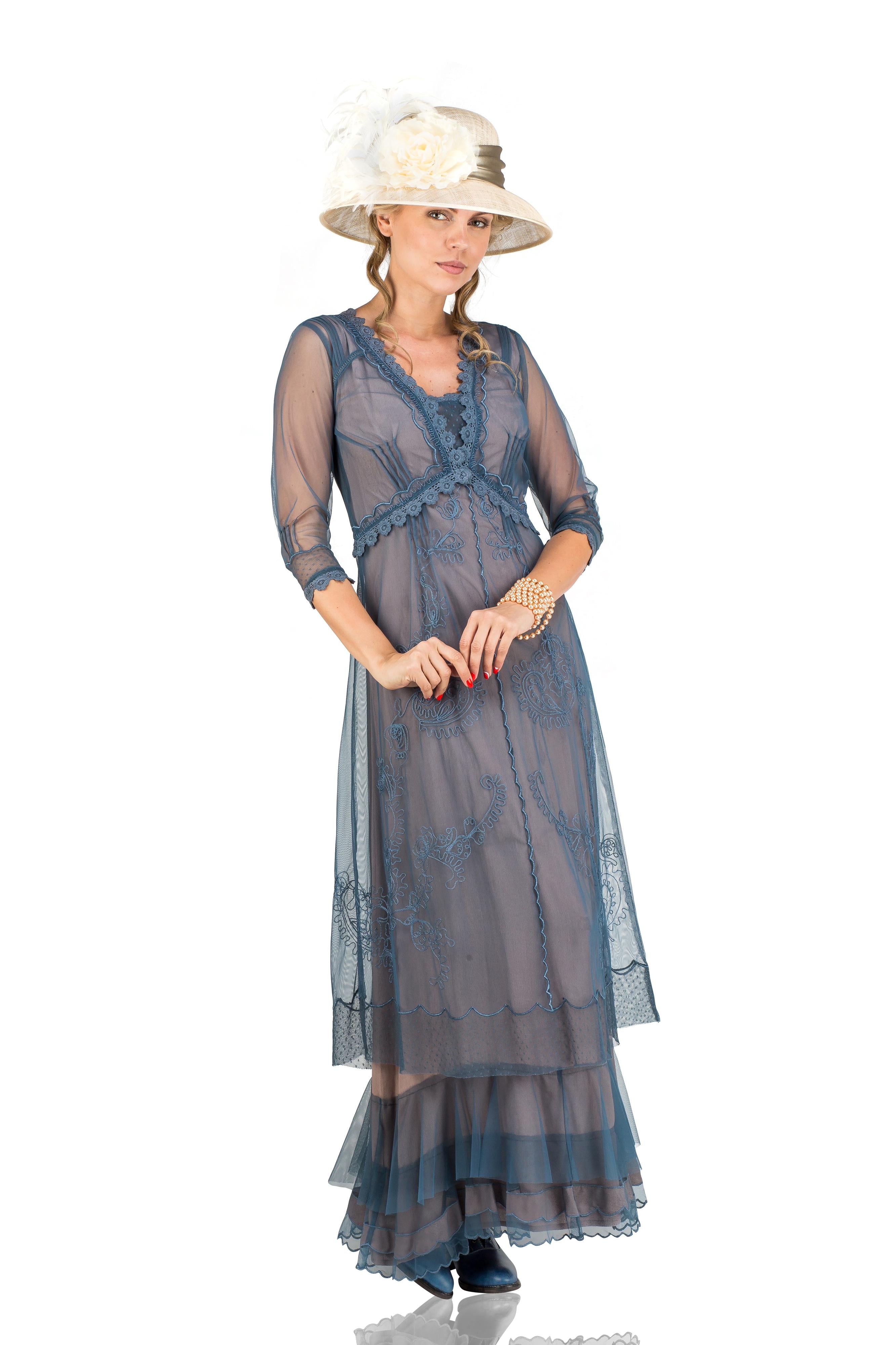 Great Gatsby Costumes –  Gatsby Costumes & Dresses Audrey Vintage Style Party Gown in Azure by Nataya $265.00 AT vintagedancer.com