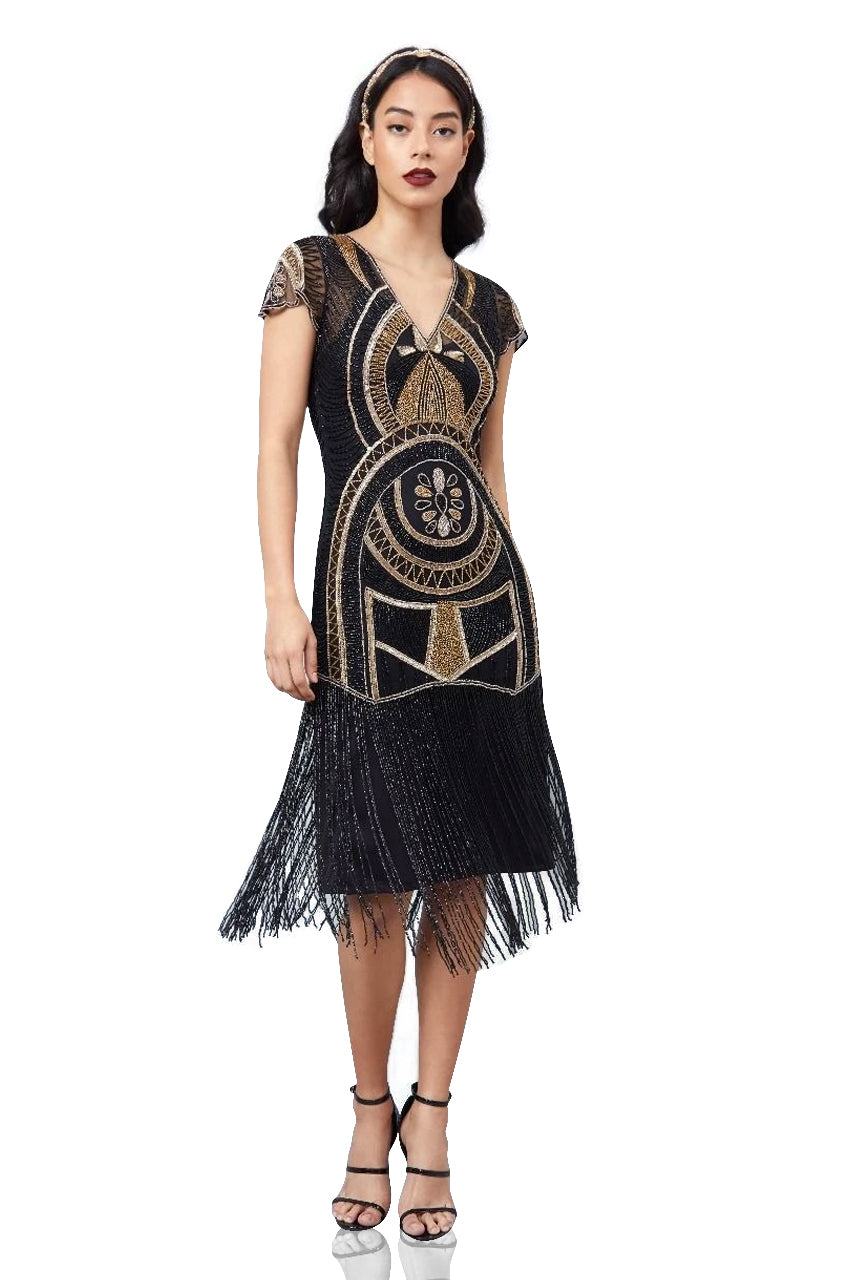 1920s Style Dresses, 1920s Dress Fashions You Will Love Mary Art Deco Fringe Dress in Black Gold $245.00 AT vintagedancer.com