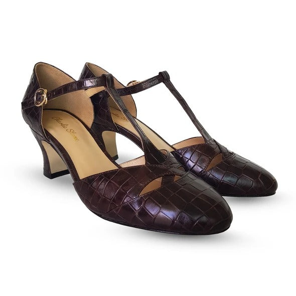 Roma 1920s Style Heels in Espresso Croc by Charlie Stone – WardrobeShop