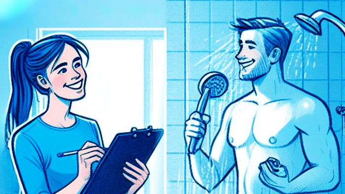 ein Test-Duscher duscht und testet, eine Dame nimmt seine Daten auf