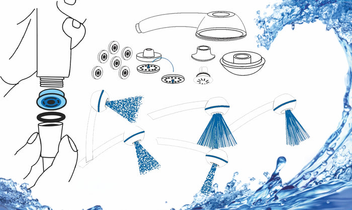 Dessins de la pomme de douche avec régulateur et variantes de disques perforés