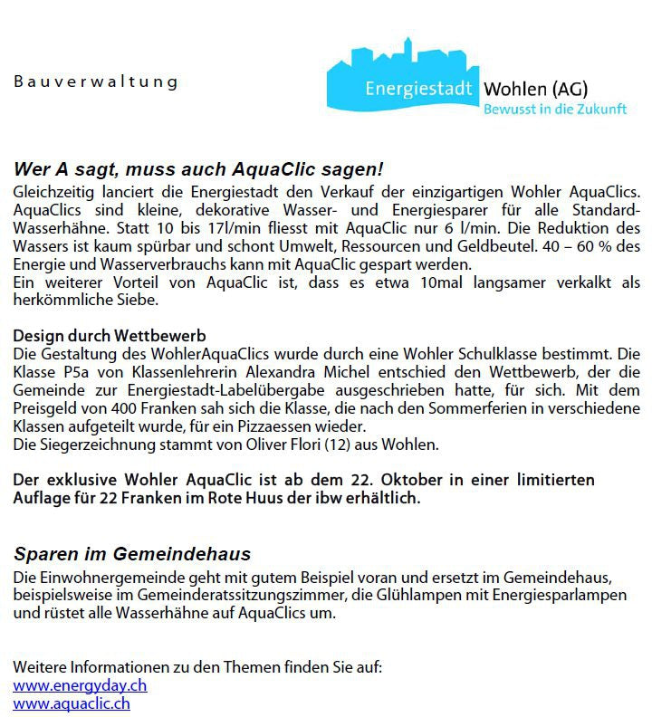 Energiesparprojekt mit AquaClic-Strahlreglern Bauverwltung Wohlen