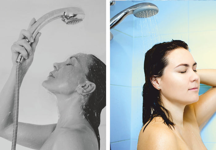 Links Haare waschen mit Brause in der Hand, rechts: Haare freihändig waschen