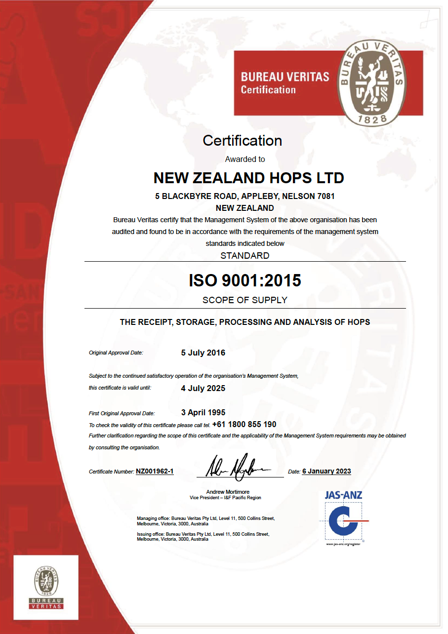 NZ Hops Ltd - QMS certificate to 2025