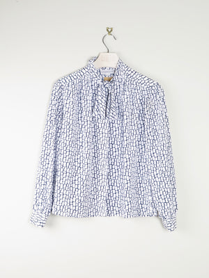 Blue & White Graphic Print Tie Neck Blouse M/L