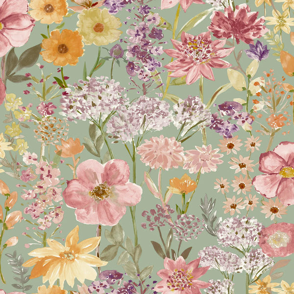 Wild Flowers Green Wallpaper