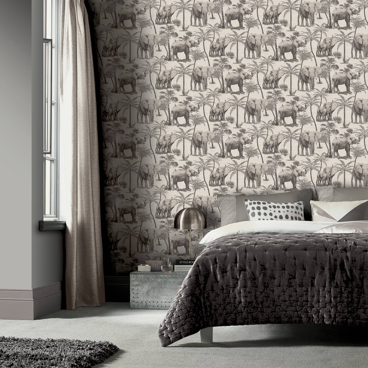 Safari Elephant Charcoal Wallpaper Arthouse 296700 Wonderwall By Nobletts