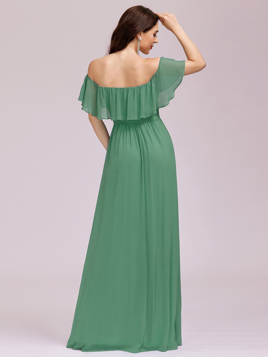 Color=Haricot Vert | Robe Demoiselle D'Honneur Longue Fendue à épaules Dénudées à Volants-Haricot Vert 2
