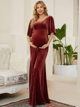 Color=Rouge Brique | Robe de maternité en velours à manches flottantes et longueur au sol-Rouge Brique 1