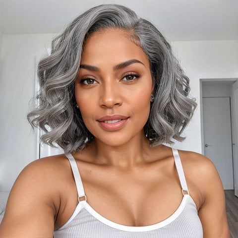 Beautiful woman with silver gray spring hair color
