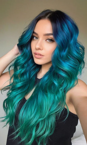 Pretty woman with teal blue mermaid hair balayage