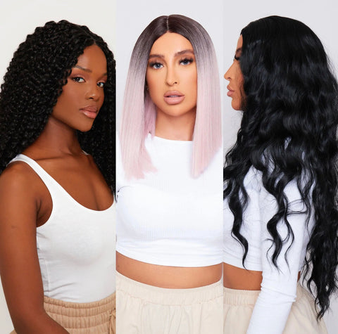 Three gorgeous ladies wearing different styles of synthetic hair wigs.