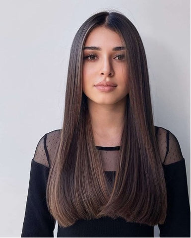 chic chocolate brown straight hair middle parting highlights hairstyle 