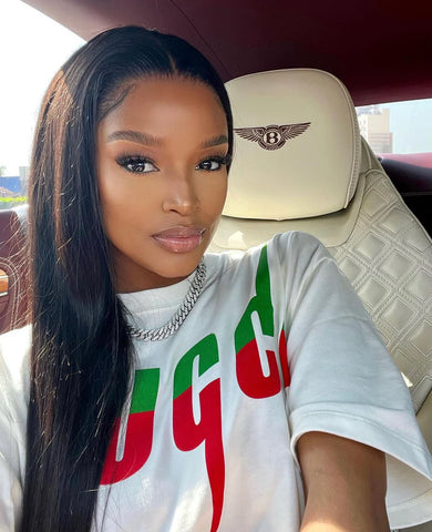 Beautiful woman wearing sleek synthetic hair with no lace front wig