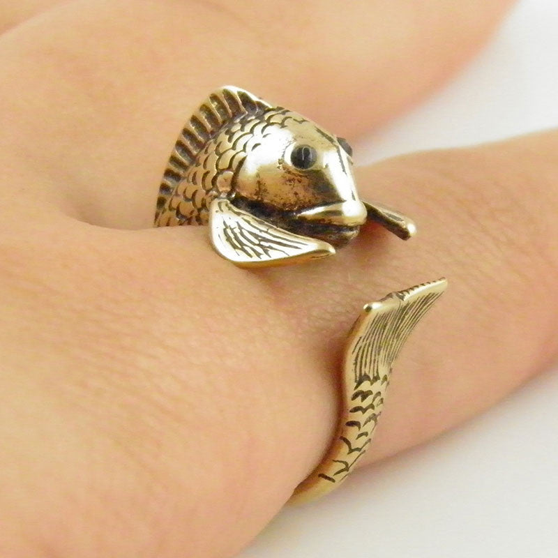 Animal Wrap Ring - Fish - Yellow Bronze - Adjustable Ring - keja jewelry