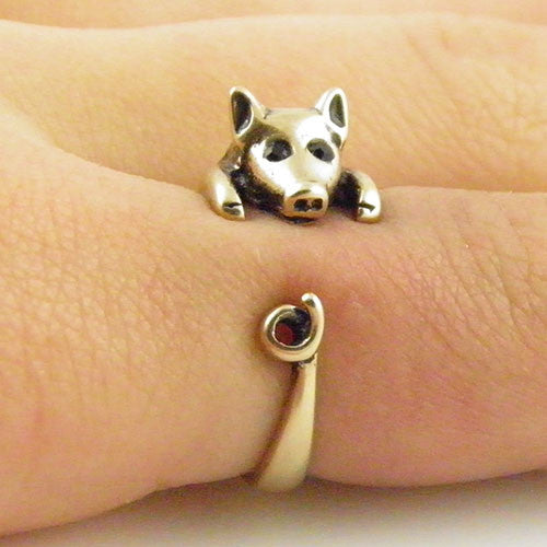 Animal Wrap Ring - Pig - Yellow Bronze - Adjustable Ring - keja jewelry