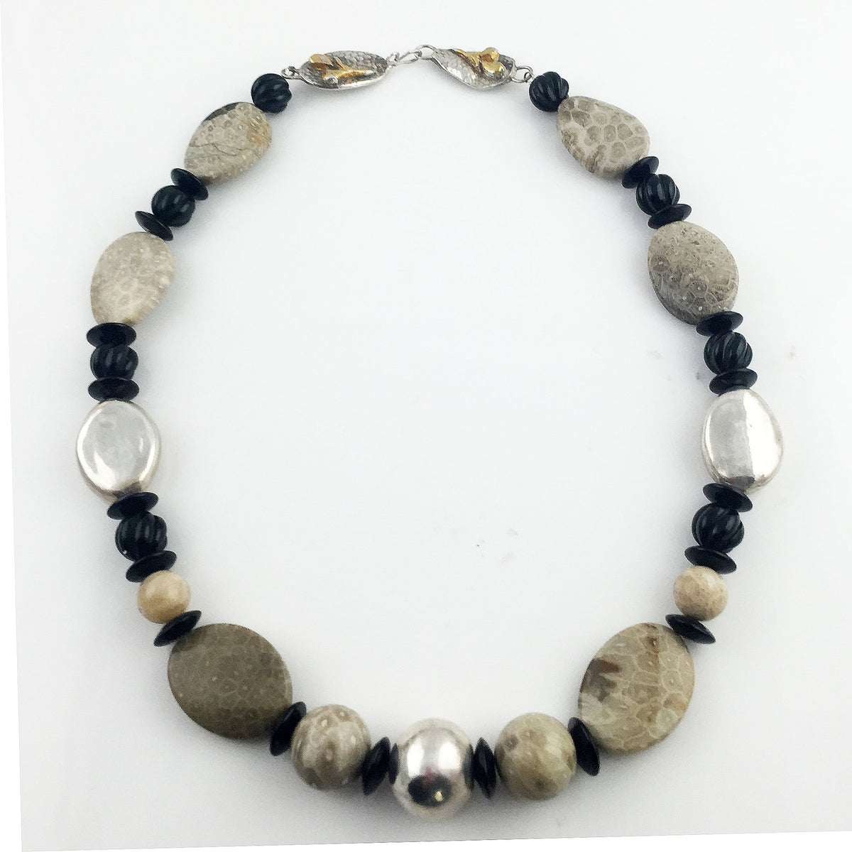 Fossilized Coral & Carved Black Onyx Pure Silver Necklace – Keja ...