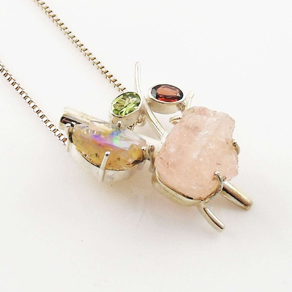 Rose Quartz Rough, Ethiopian Opal Rough, Garnet & Peridot Sterling Silver Pendant