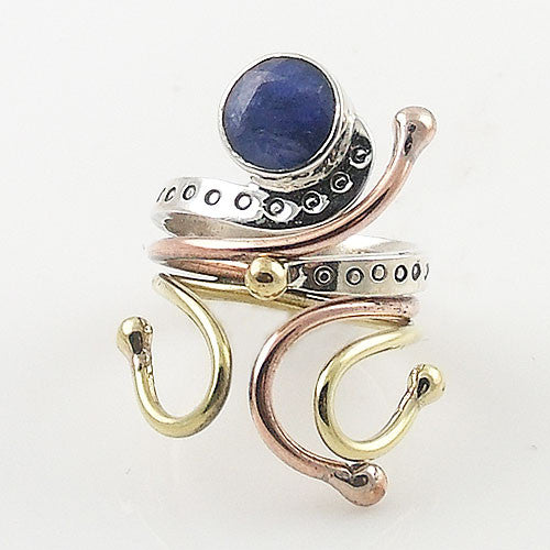 Sapphire Three Tone Sterling Silver Adjustable Ring