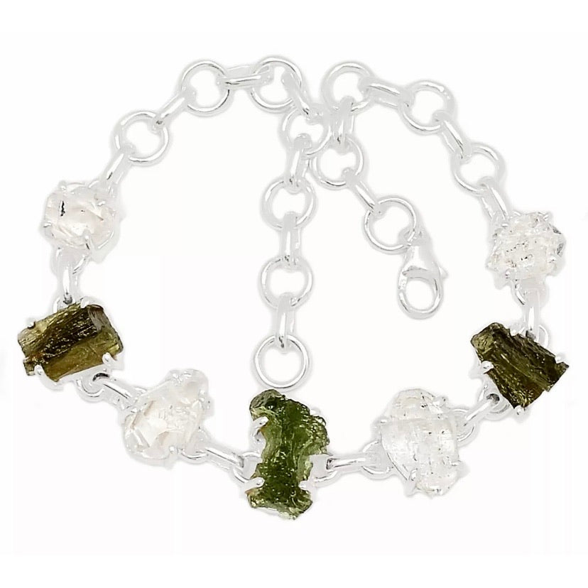 Moldavite & Herkimer Sterling Silver Bracelet