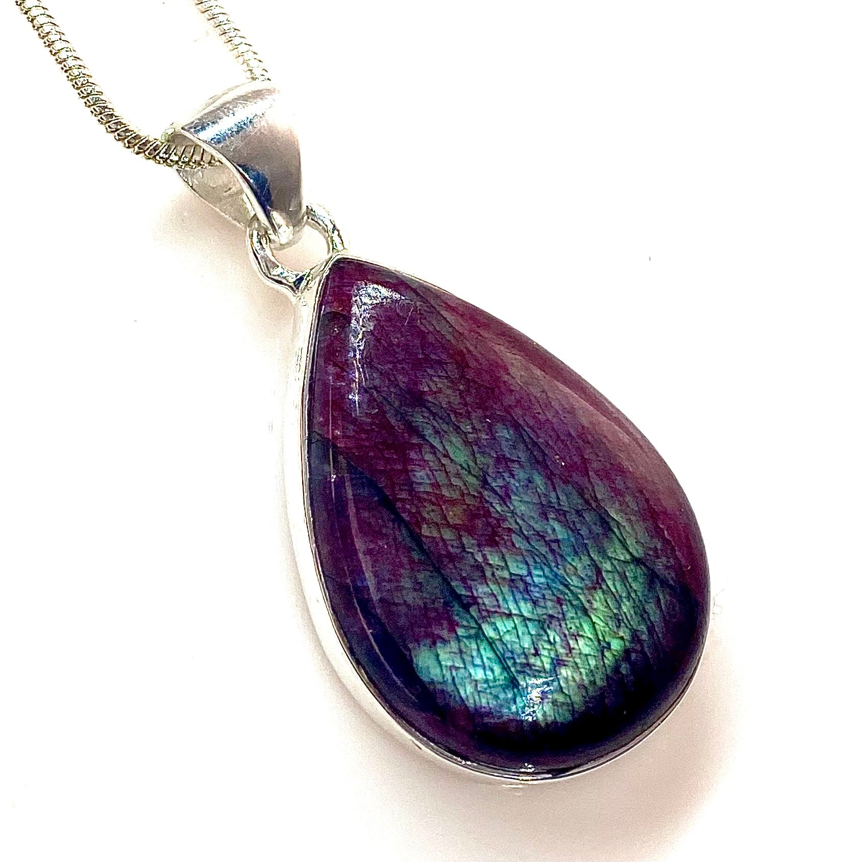 Red Flash Labradorite Sterling Silver Pear Shaped Pendant