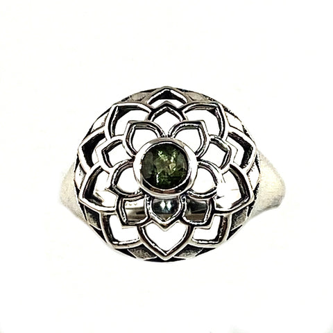 Faceted Moldavite Meteorite Sterling Silver Sacred Geometry Ring