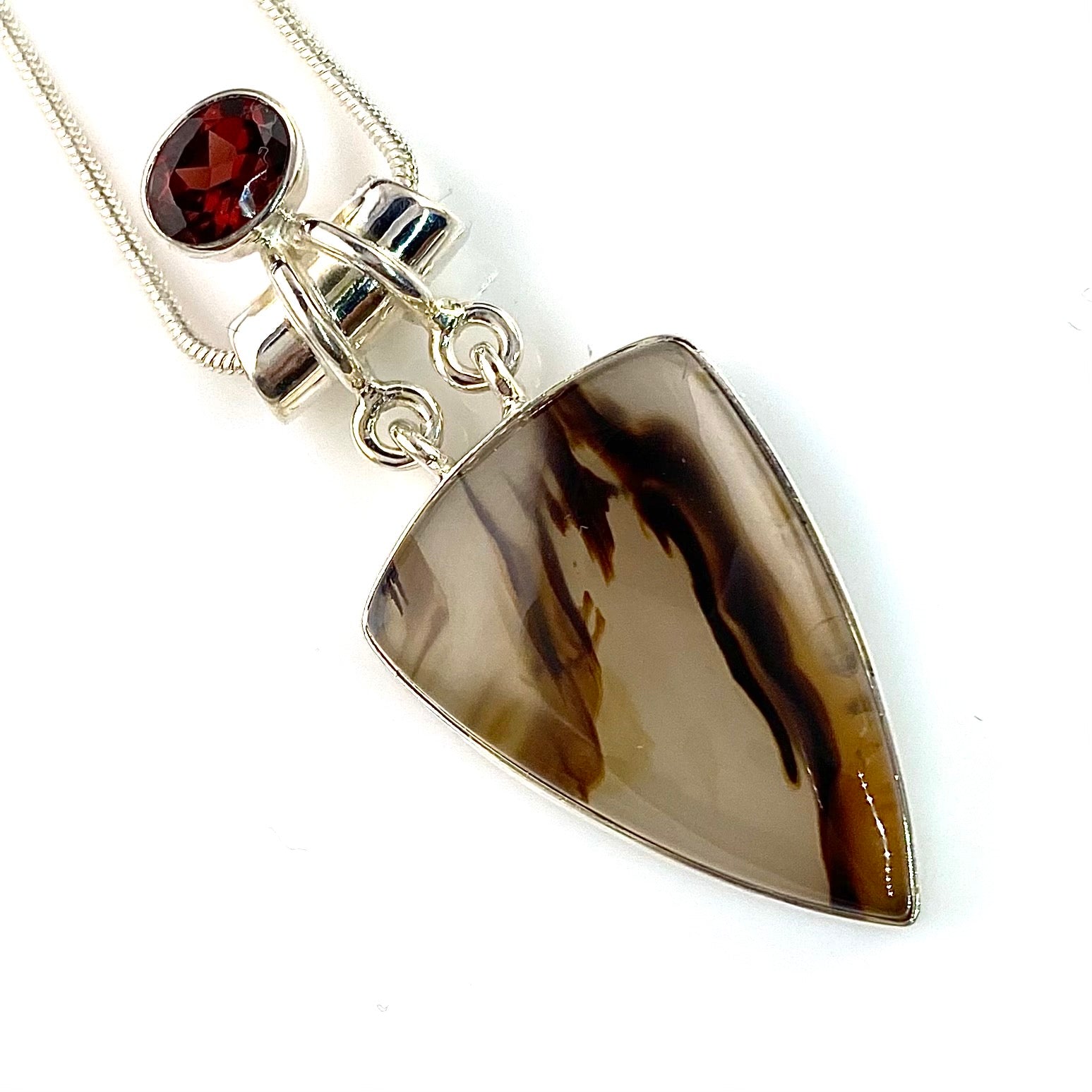 Montana Agate & Garnet Sterling Silver Hinged Pendant