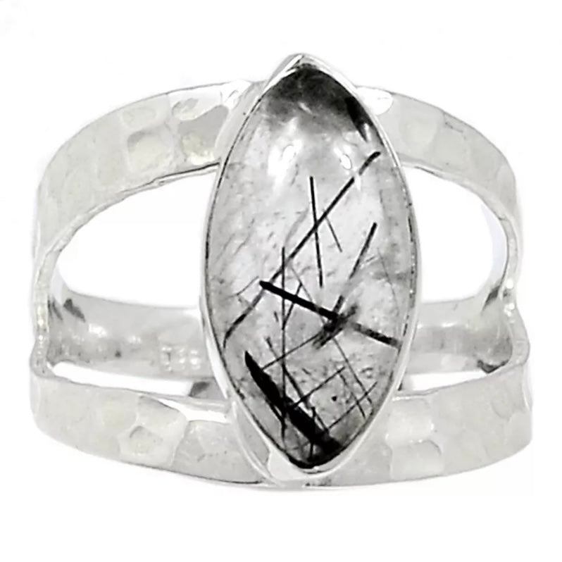 Tourmalinated Quartz Hammered Sterling Silver Ring