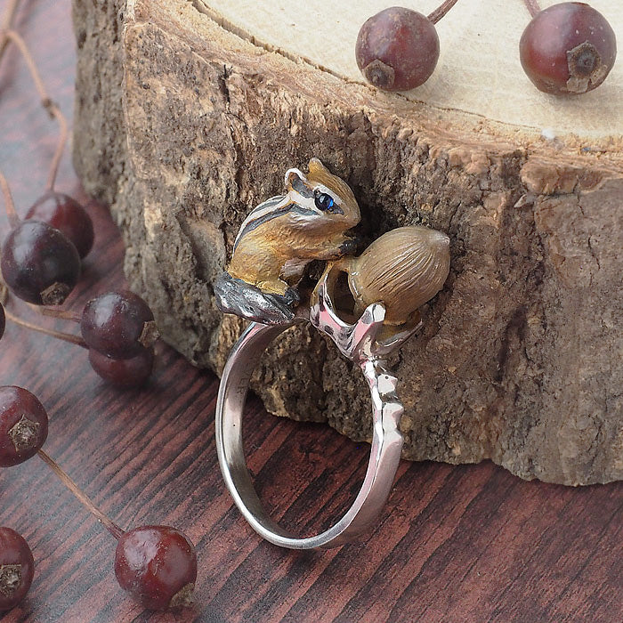 DECOvienya Handmade Accessory Chipmunk and Acorn Claw Ring Silver 925 Ladies