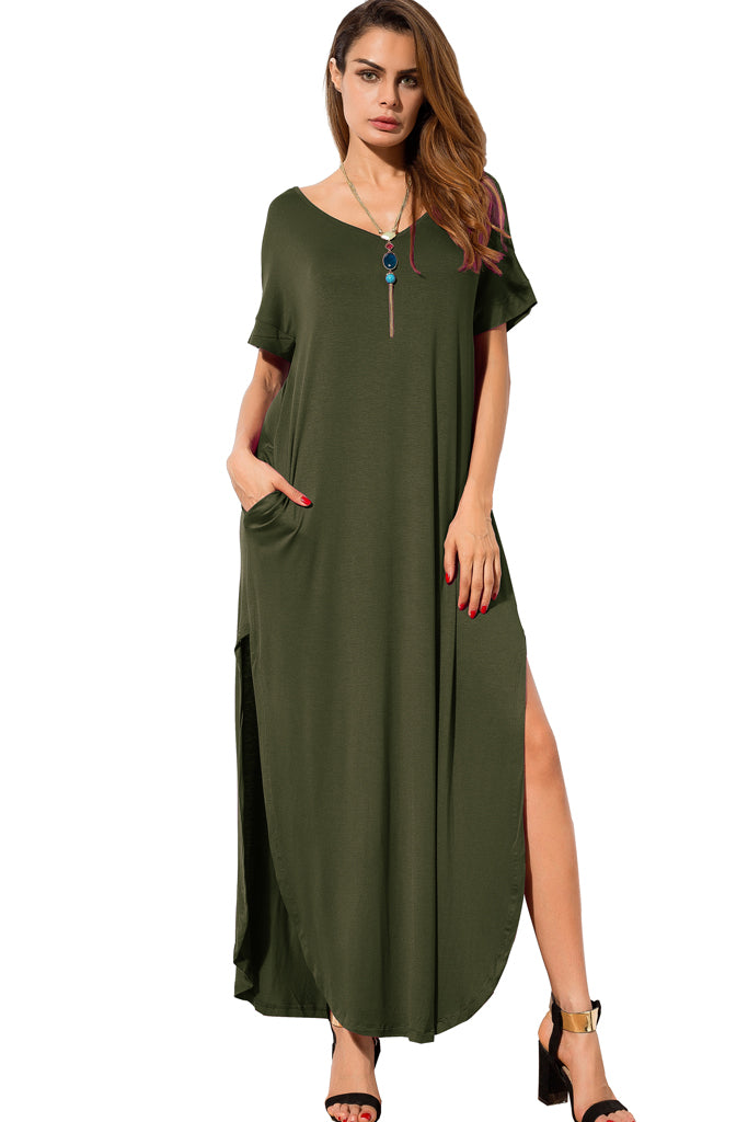 Casual Loose Pocket Long Dress Short Sleeve Split Maxi Dresses Green ...