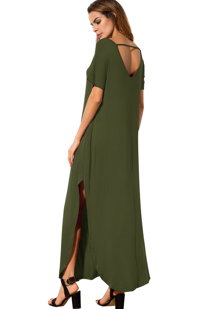 Casual Loose Pocket Long Dress Short Sleeve Split Maxi Dresses Green –  womenboutique