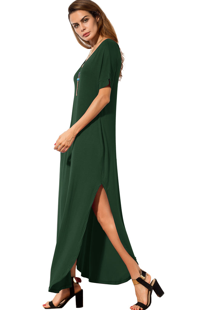 Casual Loose Pocket Long Dress Short Sleeve Split Maxi Dresses Green –  womenboutique