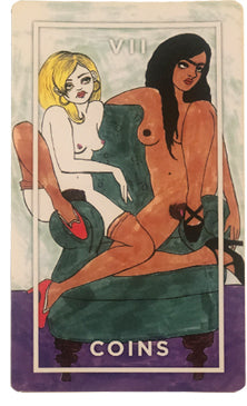 Image of 7 of Coins card from the Slutist Tarot Deck, shows two women naked on a green couch