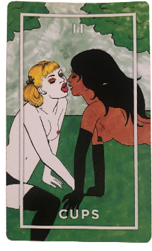 Image: Two of Cups from The Slutist Tarot Deck, shows two people kissing