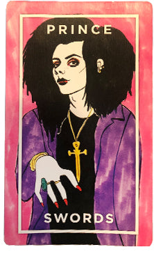 Image: Prince of Swords from The Slutist Tarot Deck, shows person with black hair, purple jacket, and long red nails