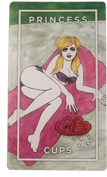 Princess of Cups card from the Slutist Tarot Deck, shows blonde woman in purple underwear reclining on pink bed