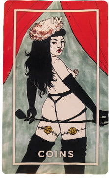 Image: Four of Coins card from The Slutist Tarot Deck, shows person with longblack hair wearing black lingerie and garters, with a whip held behind their bum