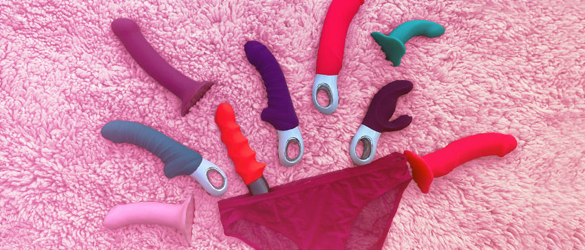 Red panties with sex toys popping out in many colors