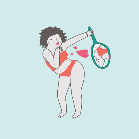 Illustration of a person looking at their butt in a hand mirror and blowing themselves kisses - Fun Factory Masturbation May Love Languages