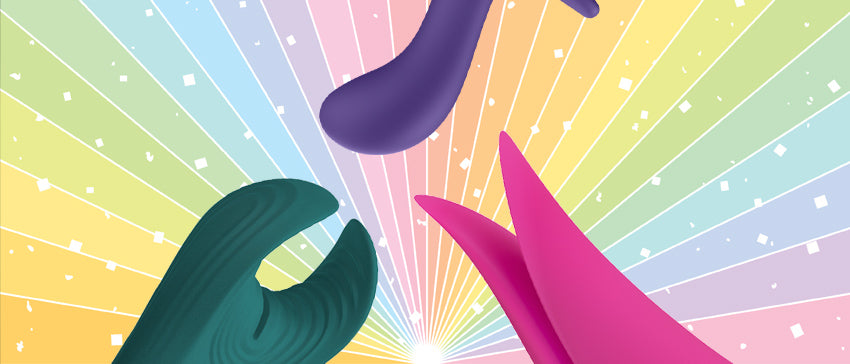 Queer Prom Pride Toys MANTA, BOOTIE, and VOLTA on a rainbow background