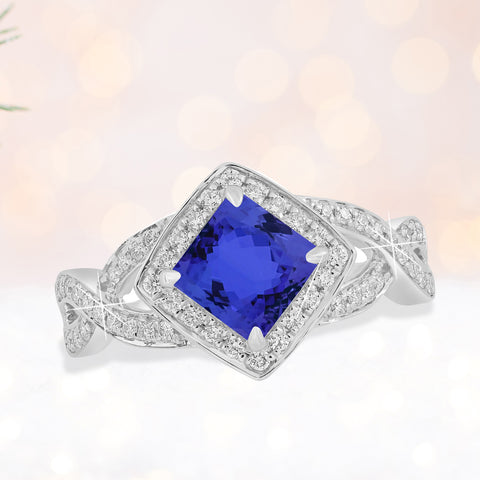 1.05ct Cushion Tanzanite Ring With 0.33 Cttw Diamond