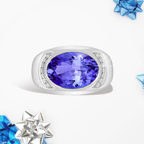 6.25ct Oval Tanzanite Men's Ring With 0.12 Cttw Diamond